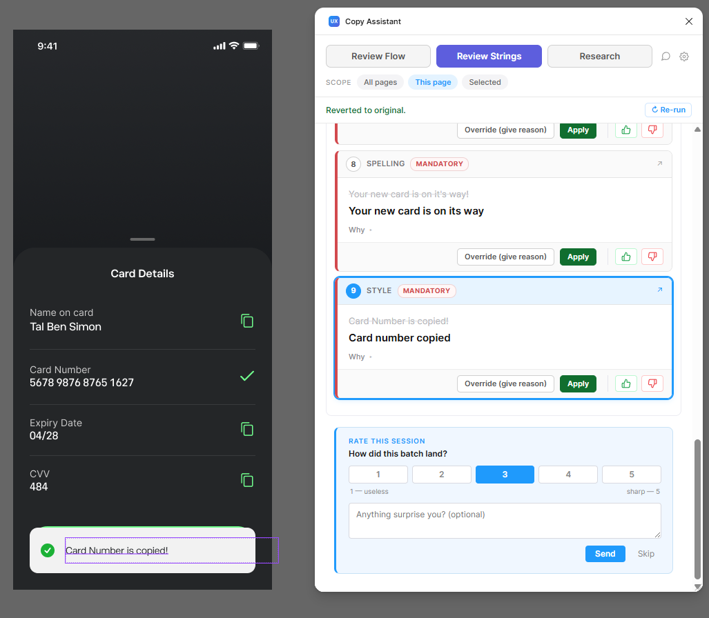 Plugin's Review Strings panel beside a Card Details Figma frame. Two findings are tagged MANDATORY — one Spelling, one Style — each with original-string struck through above suggested rewrite. Buttons read Override (give reason) and Apply.