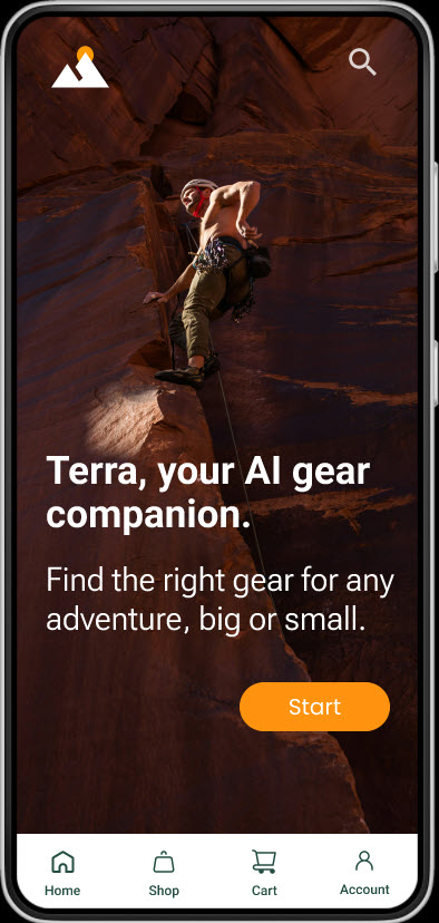 Terra mobile app home screen titled 'Terra, your AI gear companion' with a Start button.