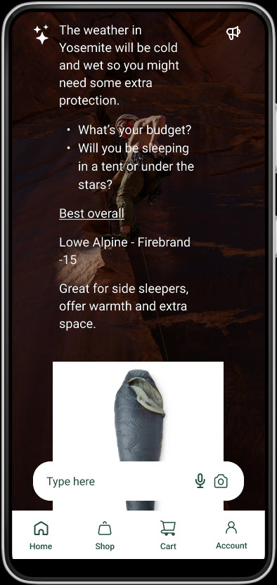 Mobile recommendations screen with weather-aware suggestions and a 'Best overall: Lowe Alpine Firebrand -15' card.