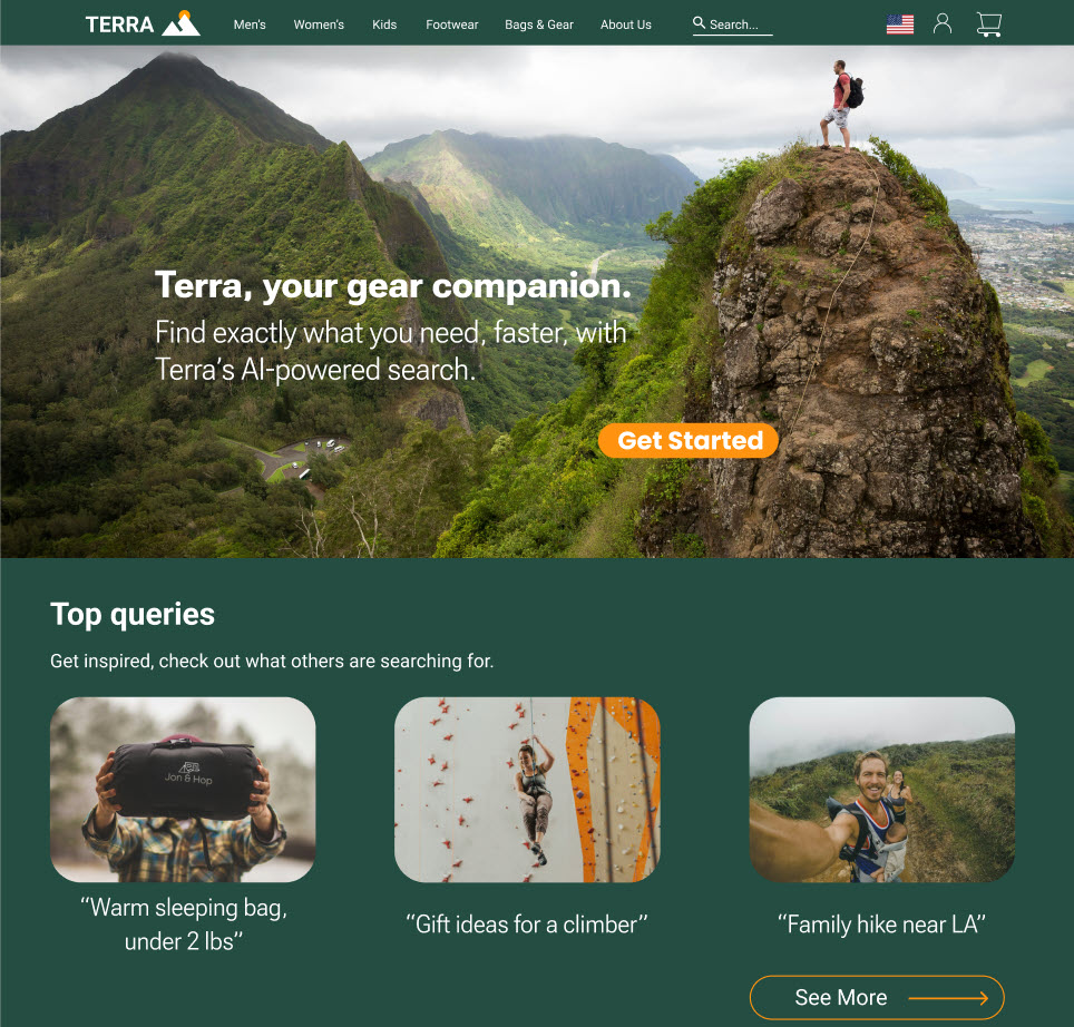 Terra desktop home page with the headline 'Terra, your gear companion' over a mountain hero image, a Get Started CTA, and a Top queries section.