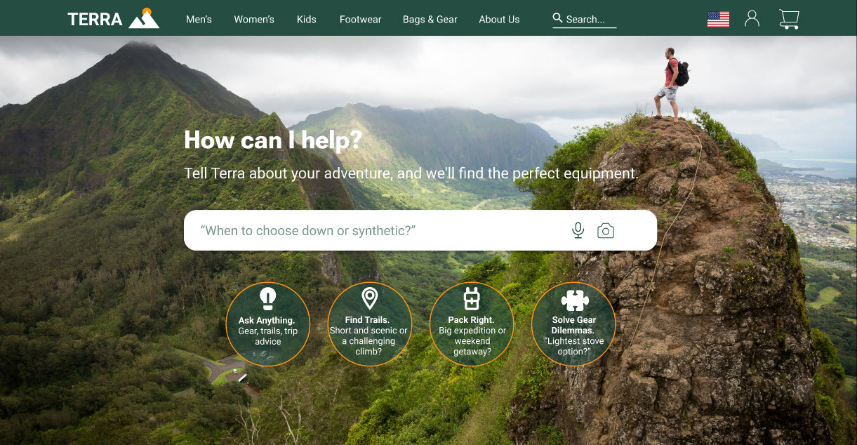 Terra desktop search page with a large search bar, the prompt 'How can I help?' and four quick-action chips: Ask Anything, Find Trails, Pack Right, Solve Gear Dilemmas.