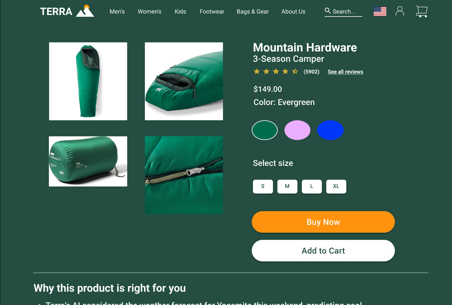 Terra desktop product page for Mountain Hardware 3-Season Camper with color and size selectors, Buy Now and Add to Cart buttons, and a 'Why this product is right for you' section.
