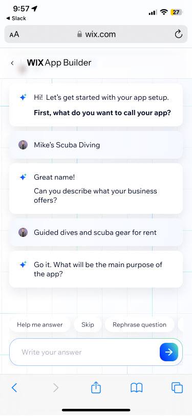 iPhone showing the Wix AI App Builder chat onboarding for 'Mike's Scuba Diving'.