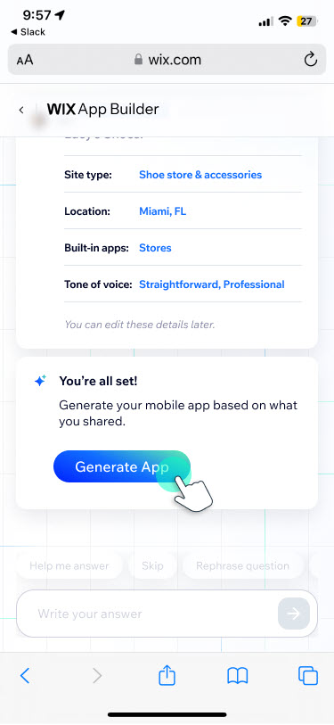 Summary card listing site type, location, built-in apps, and tone of voice, followed by 'You're all set!' and a Generate App button.