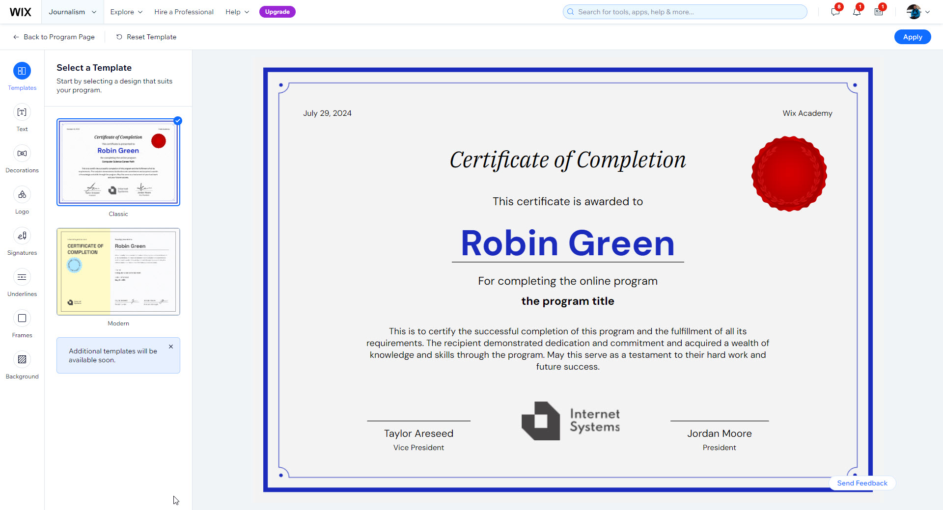 Wix certificate builder with a template selector on the left and a live certificate preview on the right awarded to 'Robin Green'.