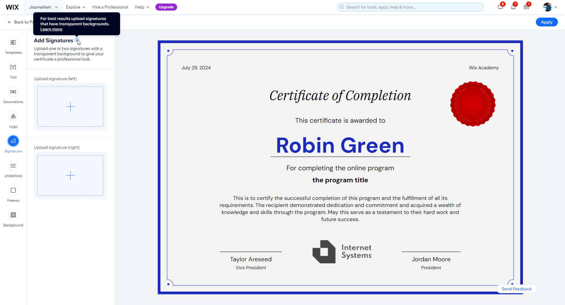 Add Signatures step of the certificate builder with an instructional tooltip reading 'For best results upload signatures that have transparent backgrounds. Learn more.'
