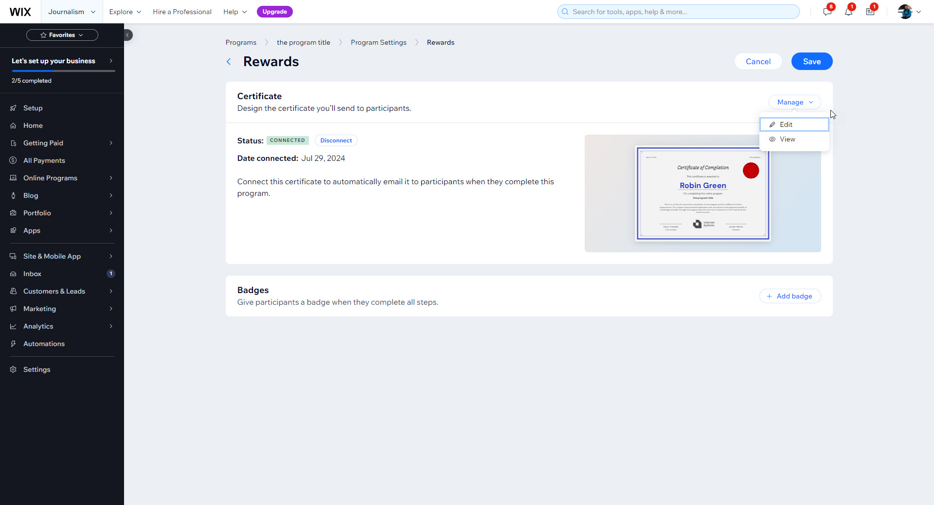 Program Settings Rewards page showing the certificate is Connected, with a thumbnail preview and a Manage menu offering Edit and View.