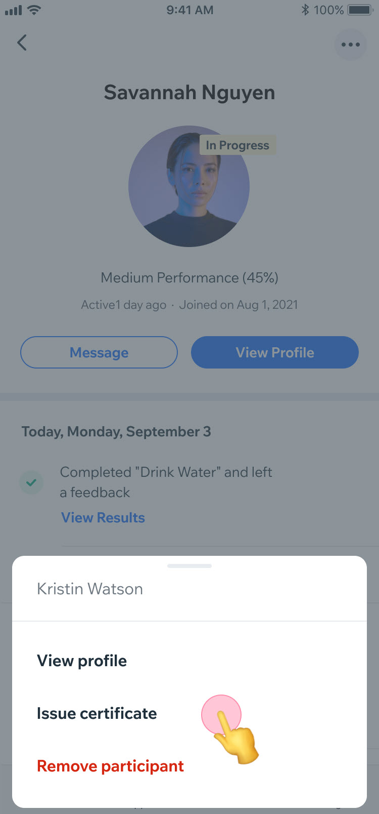 Wix mobile participant profile with a bottom-sheet menu offering View profile, Issue certificate, and Remove participant.