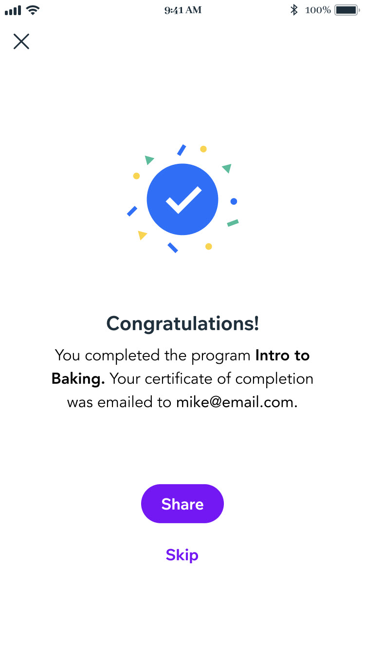 Celebration screen with a large checkmark, the headline 'Congratulations!', a confirmation that the certificate was emailed, and Share and Skip buttons.