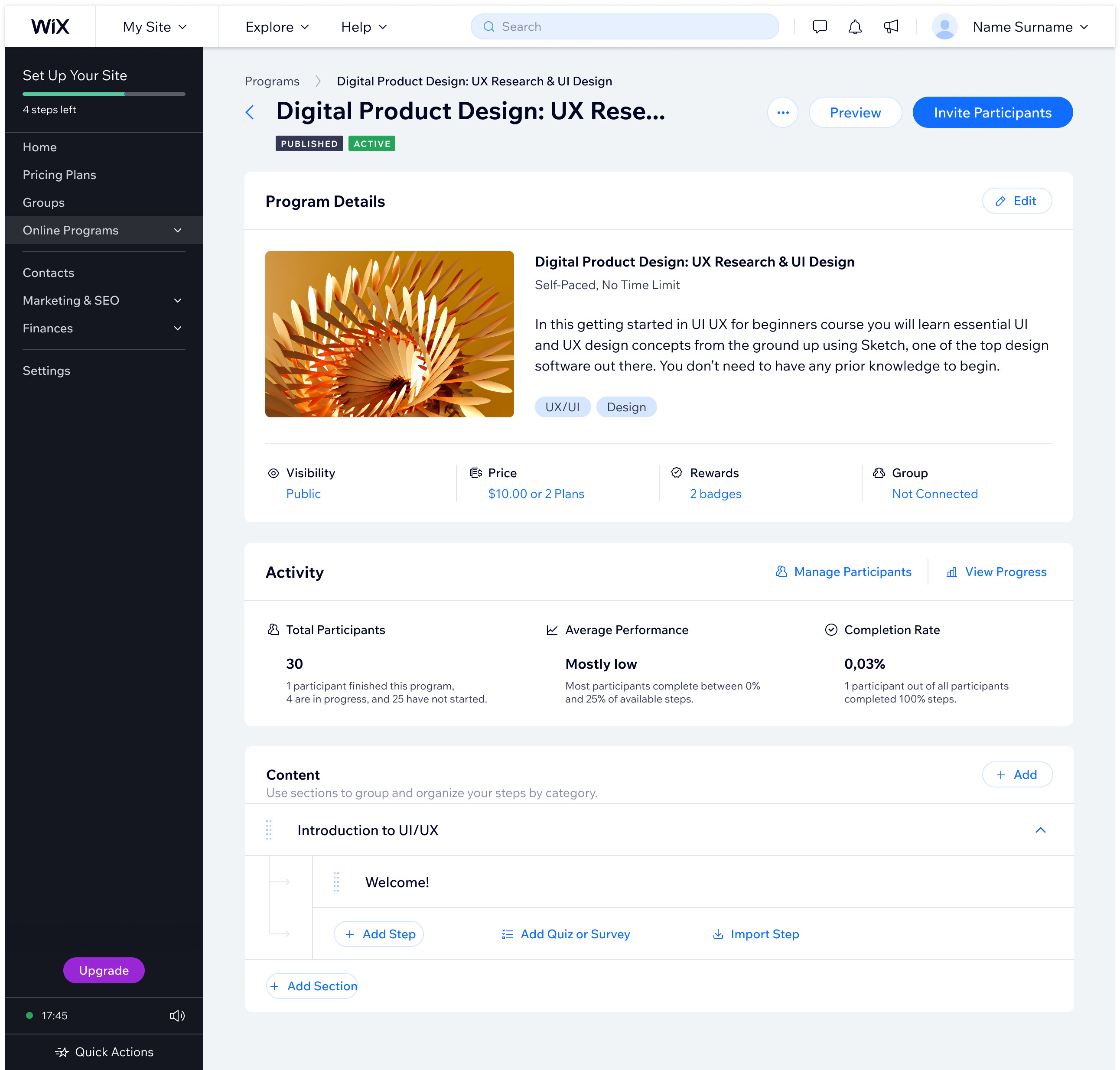 Wix Online Programs editor showing where to add a quiz or survey to a course.