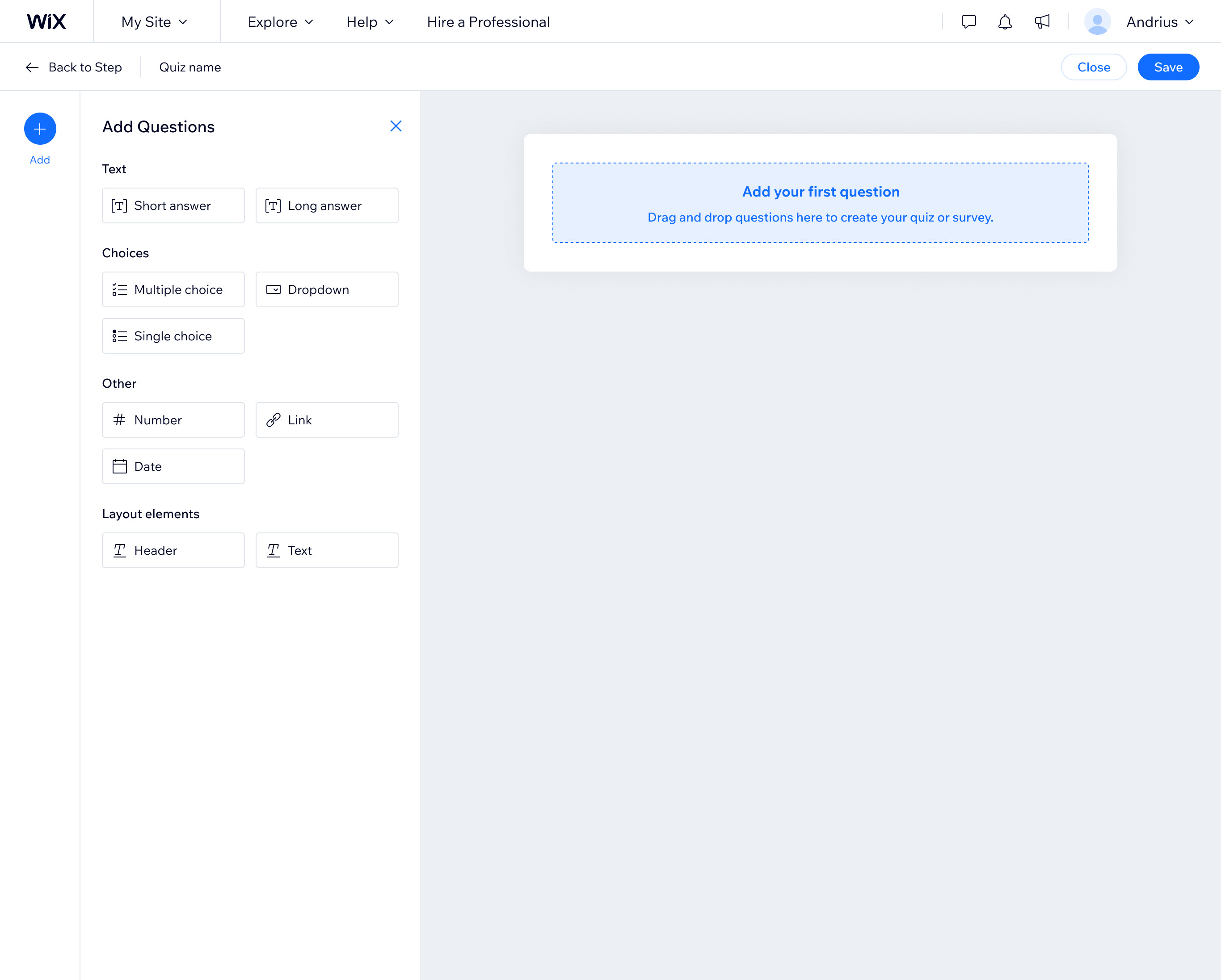Original question builder showing four categories of question types laid out at once.