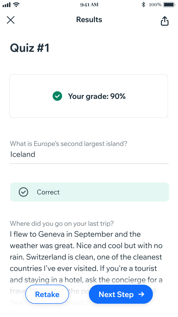 Mobile screen celebrating a participant's quiz success with their grade and a Share button.